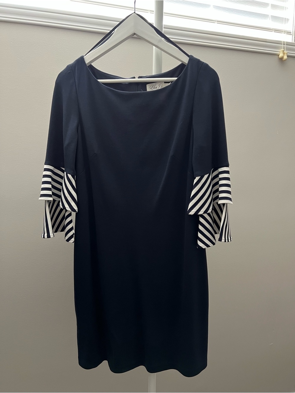 Eliza J Black Dress with Black and White Striped Ruffle Sleeves